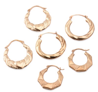 Lot 281 - THREE PAIRS OF 9CT GOLD HOOP EARRINGS