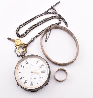 Lot 268 - SILVER POCKET WATCH WITH CHAIN & BANGLE & RING