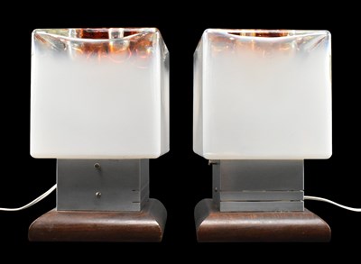 Lot 360 - TONI ZUCCHERI FOR MAZZEGA, MURANO - PAIR OF 1970S GLASS & TEAK CUBE DESK LAMPS