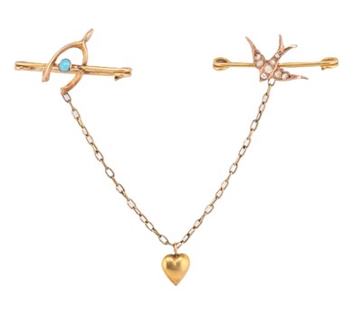 Lot 1 - VICTORIAN HALLMARKED 9CT GOLD TURQUOISE & PEARL SWEETHEART BROOCH PIN