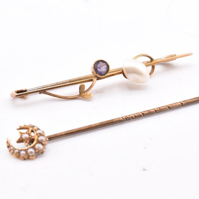 Lot 344 - 9CT GOLD & GEM SET BROOCH PIN & SEED PEARL STICK PIN