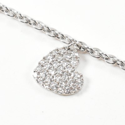 Lot 398 - HALLMARKED 9CT WHITE GOLD & CZ HEART CHARM BRACELET