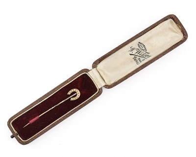 Lot 226 - 15CT GOLD & SEED PEARL HORSESHOE STICK PIN BOXED