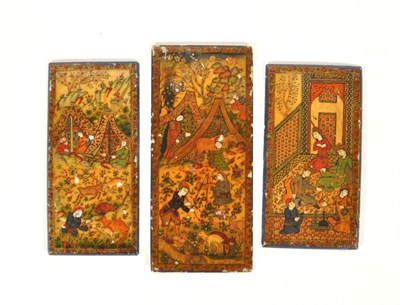 Lot 397 - THREE LATE 19TH CENTURY PERSIAN BONE PAINTED PANELS