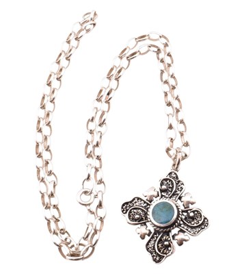 Lot 331 - JERUSALEM 950 SILVER & HARDSTONE CROSS PENDANT NECKLACE