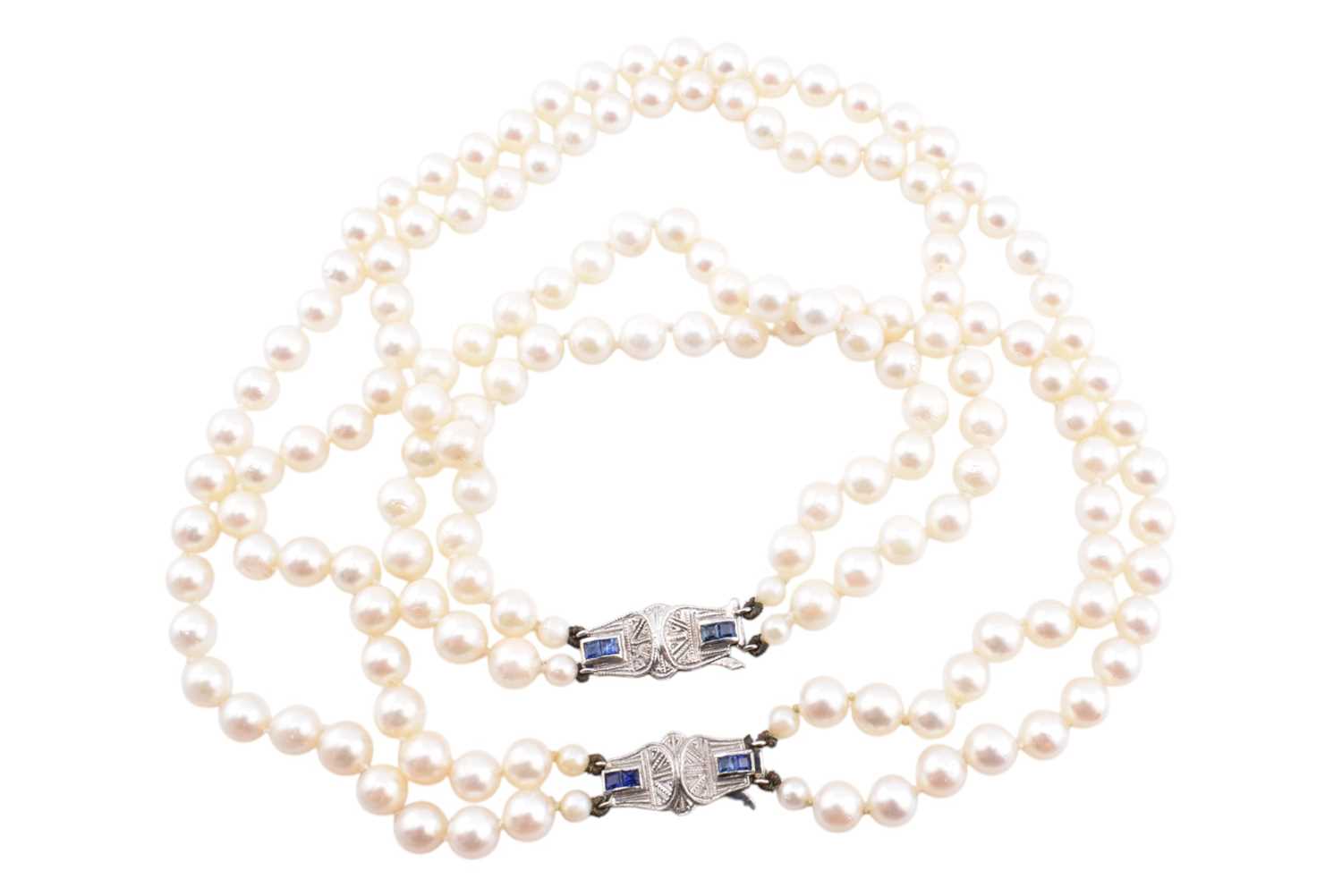 Lot 230 - WHITE GOLD & SAPPHIRE PEARL NECKLACE & BRACELET SUITE