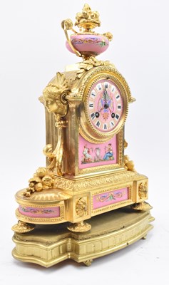 Lot 97 - FRENCH 19TH CENTURY GILT METAL & PINK ENAMEL 8-DAY MANTEL CLOCK