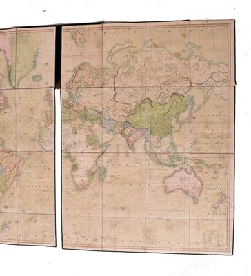 Lot 305 - WORLD MAP. 1845 A NEW CHART OF THE WORLD BY HENRY TEESDALE FOLDING MAP IN ORIG. MOROCCO BOARDS