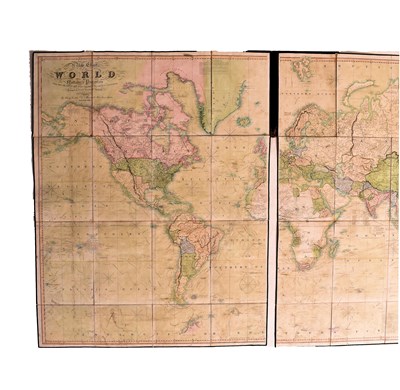 Lot 305 - WORLD MAP. 1845 A NEW CHART OF THE WORLD BY HENRY TEESDALE FOLDING MAP IN ORIG. MOROCCO BOARDS