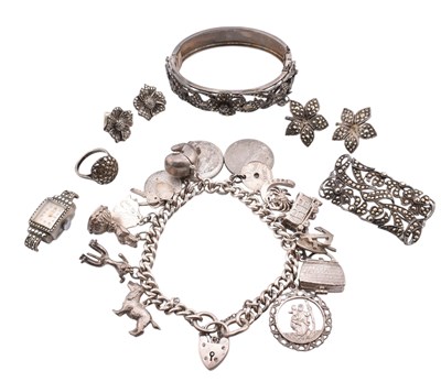 Lot 335 - HALLMARKED SILVER CHARM BRACELET & SILVER & MARCASITE JEWELLERY