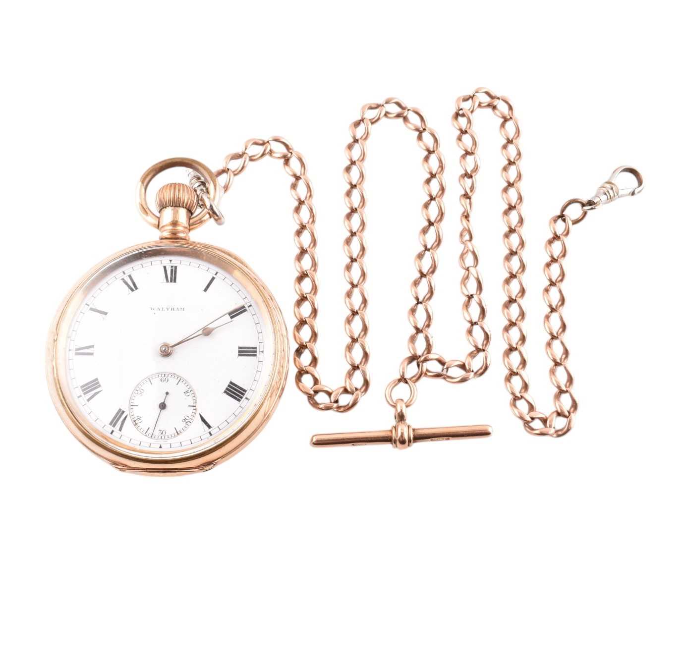 Lot 82 - GOLD PLATED WALTHAM POCKET WATCH ON HALLMARKED 9CT GOLD WATCH CHAIN
