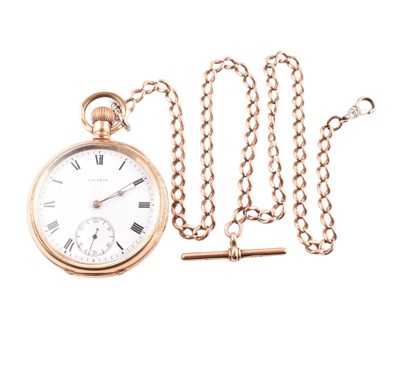 Lot 82 - GOLD PLATED WALTHAM POCKET WATCH ON HALLMARKED 9CT GOLD WATCH CHAIN