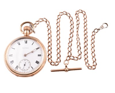 Lot 82 - GOLD PLATED WALTHAM POCKET WATCH ON HALLMARKED 9CT GOLD WATCH CHAIN