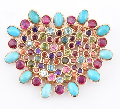 Lot 135 - 18CT GOLD MULTI-STONE HEART CLUSTER BROOCH PIN