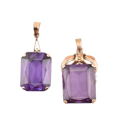 Lot 443 - TWO 14CT GOLD & COLOUR-CHANGE SAPPHIRE NECKLACE PENDANTS