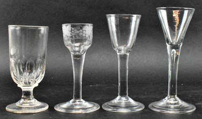 Lot 44 - FOUR 18TH CENTURY & LATER DRINKING GLASSES INCL. AN ENGRAVED EXAMPLE