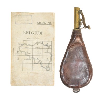 Lot 417 - WWI MAP OF BELGIUM & A LEATHER MUSKET POWDER FLASK