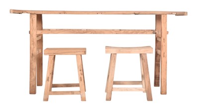 Lot 352 - VINTAGE 20TH CENTURY RECLAIMED ELM HALL TABLE WITH TWO STOOLS