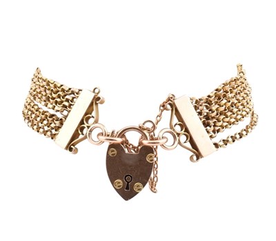 Lot 144 - 9CT GOLD MULTI-STRAND CHAIN BRACELET WITH HEART PADLOCK CLASP