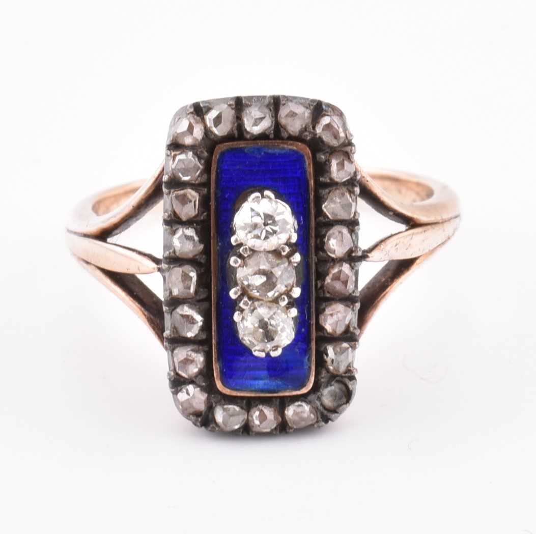 Lot 28 - 19TH CENTURY GOLD DIAMOND & BLUE ENAMEL MOURNING RING