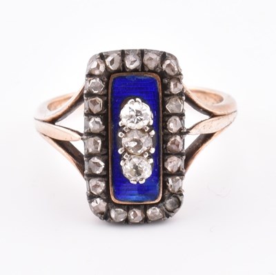 Lot 28 - 19TH CENTURY GOLD DIAMOND & BLUE ENAMEL MOURNING RING