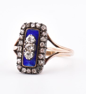 Lot 28 - 19TH CENTURY GOLD DIAMOND & BLUE ENAMEL MOURNING RING