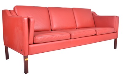 Lot 107 - HURUP MOBELFABRIK - RETRO RED LEATHER THREE SEATER SOFA