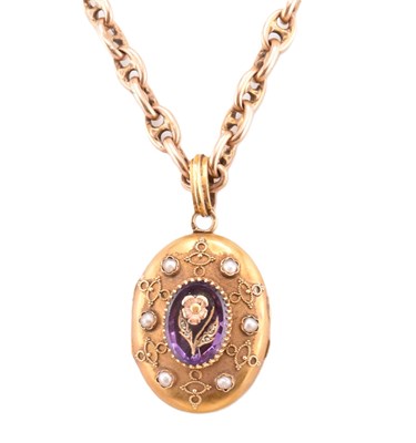 Lot 4 - 19TH CENTURY FRENCH GOLD & AMETHYST PEARL LOCKET ON CHAIN