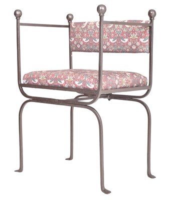 Lot 327 - REGENCY INSPIRED WROUGHT IRON GARDEN CHAIR WITH WILLIAM MORRIS STYLE UPHOLSTERY