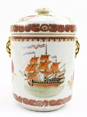 Lot 2 - QING DYNASTY CANTON ENAMEL LIDDED JAR WITH SAILING SHIP 清 广彩航海纹盖罐