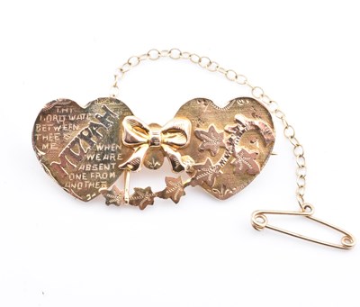 Lot 108 - 9CT GOLD MIZPAH DOUBLE HEART BROOCH PIN