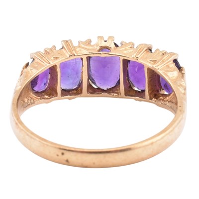 Lot 128 - HALLMARKED 9CT GOLD & AMETHYST FIVE STONE RING