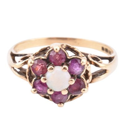 Lot 219 - HALLMARKED 9CT GOLD RUBY & OPAL CLUSTER RING