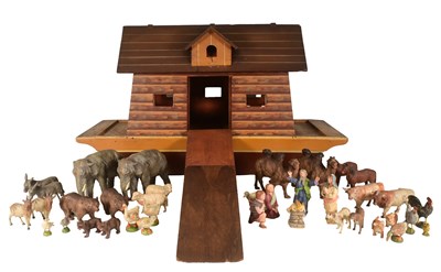 Lot 350 - A HANDMADE MID CENTURY NOAHS ARK WITH ELASTOLIN ANIMALS & FIGURES