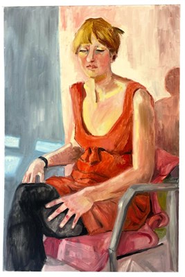 Lot 111 - ROBIN SYMES (1939-2023) - UNTITLED PORTRAIT SEATED LADY IN RED DRESS