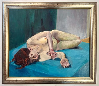 Lot 10 - ROBIN SYMES (1939-2023) - UNTITLED NUDE PORTRAIT OF LADY ON BLUE