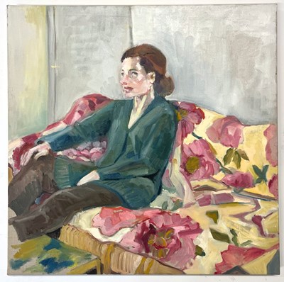 Lot 35 - ROBIN SYMES (1939-2023) - UNTITLED PORTRAIT OF LADY ON FLORAL SOFA