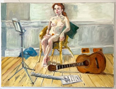 Lot 8 - ROBIN SYMES (1939-2023) - UNTITLED FULL BODY NUDE WITH GUITAR & FLUTE