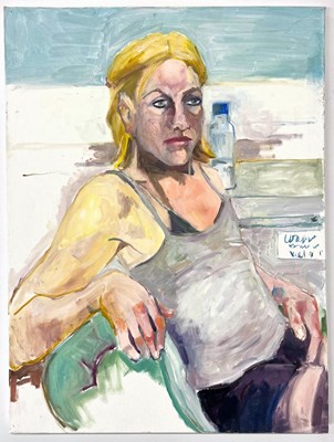 Lot 15 - ROBIN SYMES (1939-2023) - UNTITLED PORTRAIT OF LADY WITH WATER BOTTLE
