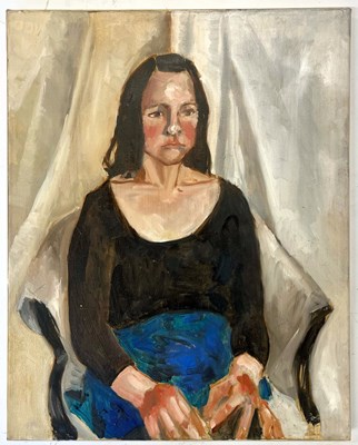 Lot 26 - ROBIN SYMES (1939-2023) - UNTITLED PORTRAIT OF LADY IN BLUE SKIRT