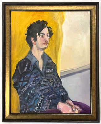 Lot 27 - ROBIN SYMES (1939-2023) - UNTITLED PORTRAIT OF MALE SITTER IN CARDIGAN