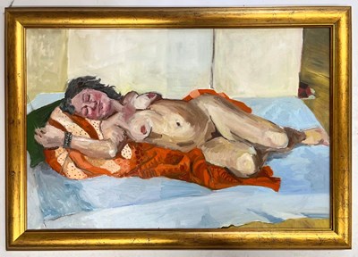 Lot 20 - ROBIN SYMES (1939-2023) - UNTITLED PORTRAIT OF LADY ON ORANGE & BLUE