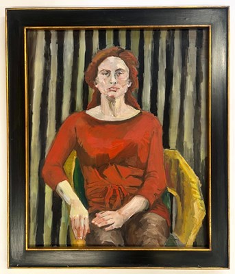 Lot 17 - ROBIN SYMES (1939-2023) - UNTITLED PORTRAIT OF WOMAN IN RED SHIRT