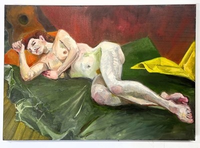 Lot 18 - ROBIN SYMES (1939-2023) - UNTITLED PORTRAIT OF LADY ON GREEN BLANKET