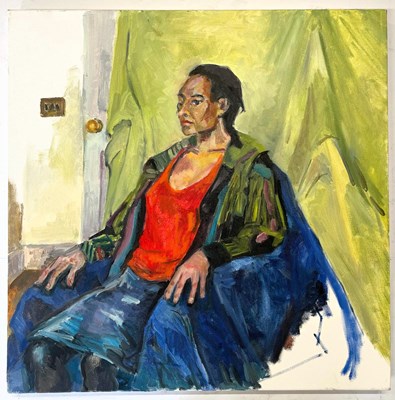 Lot 12 - ROBIN SYMES (1939-2023) - UNTITLED PORTRAIT OF LADY ON GREEN GROUND