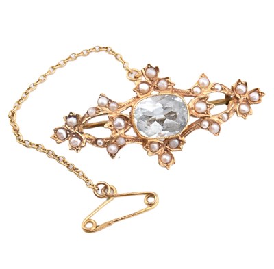 Lot 216 - 15CT GOLD AQUAMARINE & PEARL BROOCH PIN
