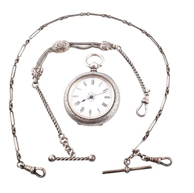 Lot 284 - SILVER ENGRAVED POCKET WATCH & TWO SILVER WATCH CHAINS
