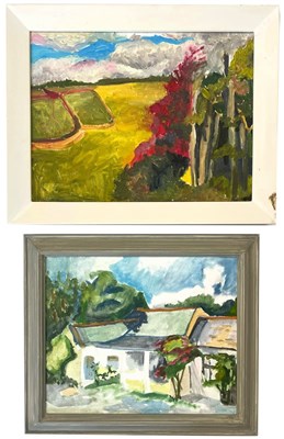 Lot 53 - ROBIN SYMES (1939-2023) - TWO UNTITLED OIL ON CANVAS LANDSCAPE