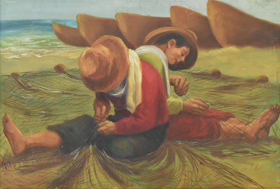 Lot 61 - JOE MAYO - TWO FISHERMEN REPAIRING A FISHING NET
