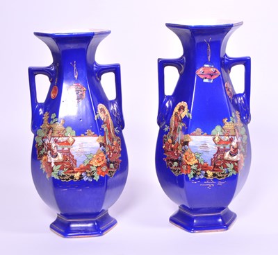 Lot 13 - PAIR OF EDWARDIAN CERAMIC CHINOISERIE TWIN HANDLED VASES